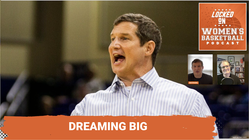 Graphic with photo of Atlanta Dream head coach Karl Smesko coaching during a game and yelling toward the court. Locked On Women's Basketball logo at top right. Headshots of guest Karl Smesko and host Howard Megdal at center right. At lower center, white text on orange background reads "Dreaming Big".